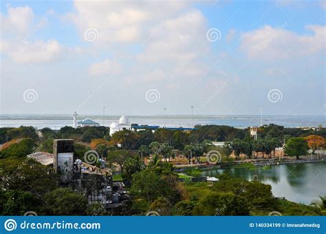 Aerial View Of City With Library Park Lake And Ocean Jaffna Sri Lanka