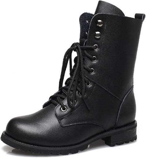 Women Combat Boots Military Boots Faux Leather Lace Up Mid Calf Boots
