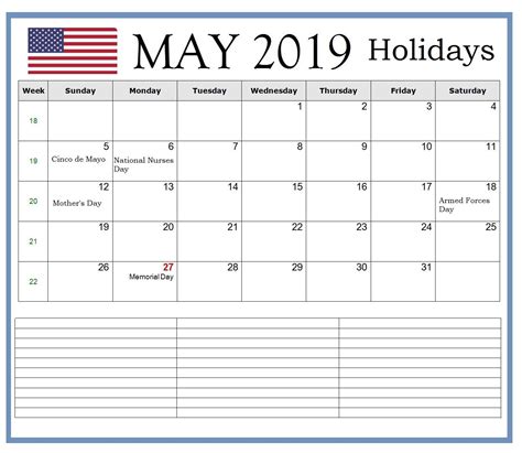 Us May 2019 Bank Holidays Calendar Holiday Calendar Holiday Calendar