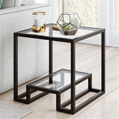 Geometric Modern Glass Side End Table With Storage Shelf Square Accent