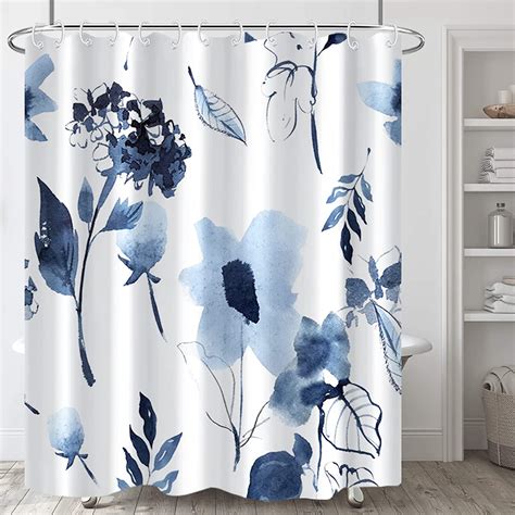 Watercolor Blue Floral Shower Curtain For Bathroom Navy Blue And White Ink Flowers Decor