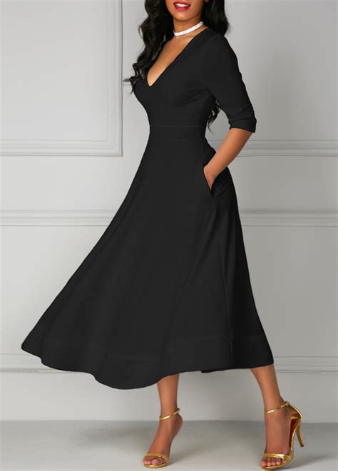 Pocket Design Black V Neck Half Sleeve Dress Usd 3144