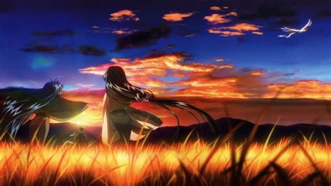 Anime Illustration Anime Visual Novel Red Sky Field Hd Wallpaper