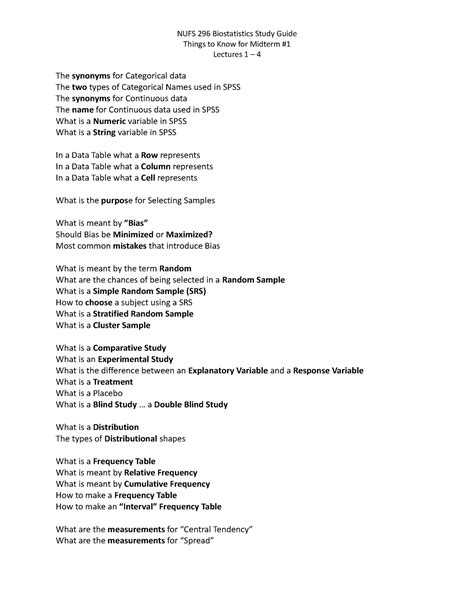 Biostats Midterm 1 Study Guide - NUFS 296 Biostatistics Study Guide