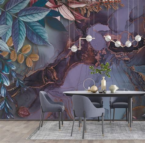 Floral And Marble Pattern Wallpaper Mural Silk Interiors Wallpaper