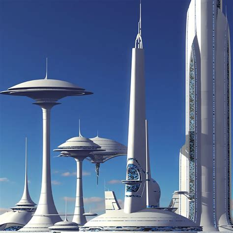 Futuristic City With Tall White Towers And Blue Sky