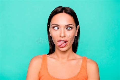 Close Up Photo Portrait Of Funny Funky Playing Fool Making Faces She Her Girl Sticking Tongue