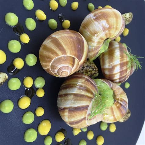 Garlic Shrimp In Escargot Shells With Sweet Pea And Garlic Puree