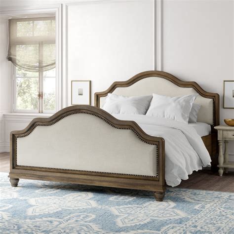 Traditional Upholstered Bed With Wood Trim Nailhead Accents Sleigh