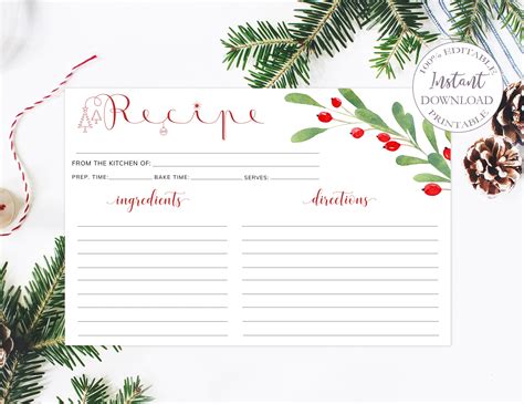 Christmas Recipe Cards Printable Holiday Recipe Card Etsy