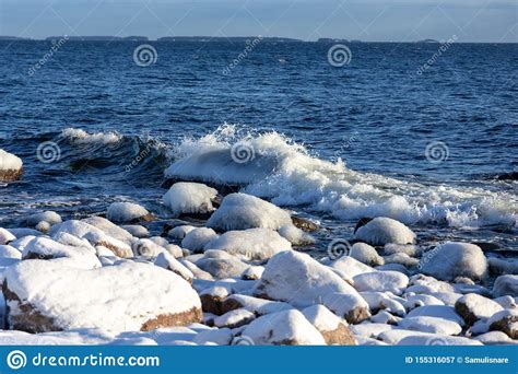 Frozen Sea With Snowy Shores In Finland Winter Waves Hitting The Coast