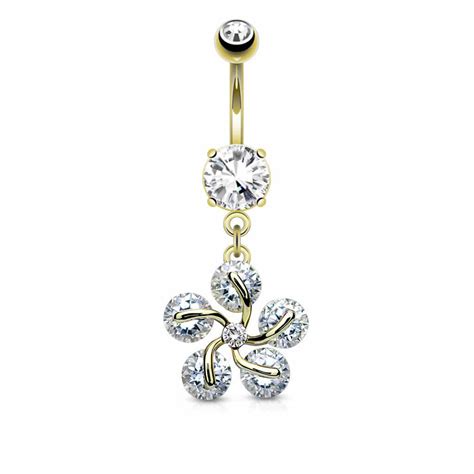 CZ Petals Dangle Flower Double Jewelled Surgical Steel Belly Bar