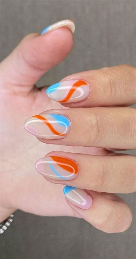 30 Coolest Summer Nails 2021 Blue And Orange Abstract Line Nails