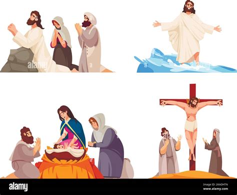 Bible Scenes Cartoon Set With Jesus And Virgin Mary Isolated Vector