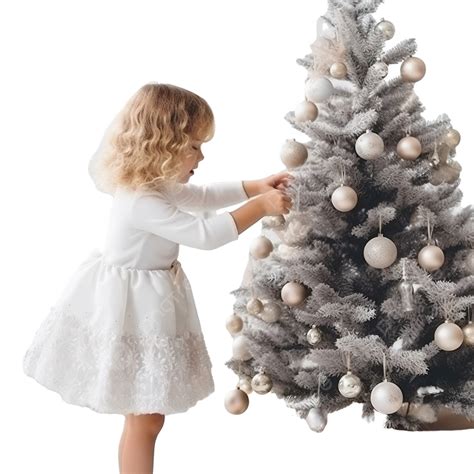 Adorable Girl Decorates The Christmas Tree Indoors Happy Christmas
