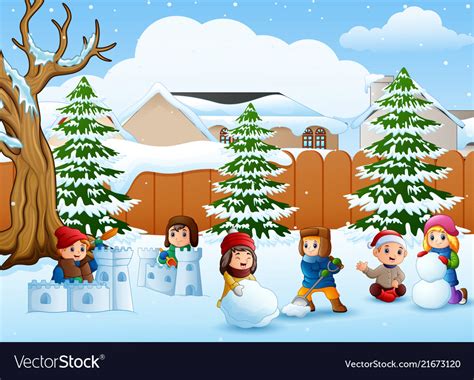 Cartoon Kids Playing In The Snow Royalty Free Vector Image