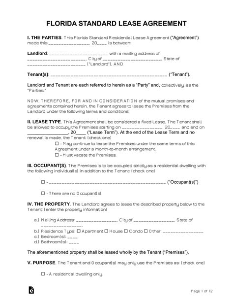 Free Florida Standard Residential Lease Agreement Pdf Word Eforms