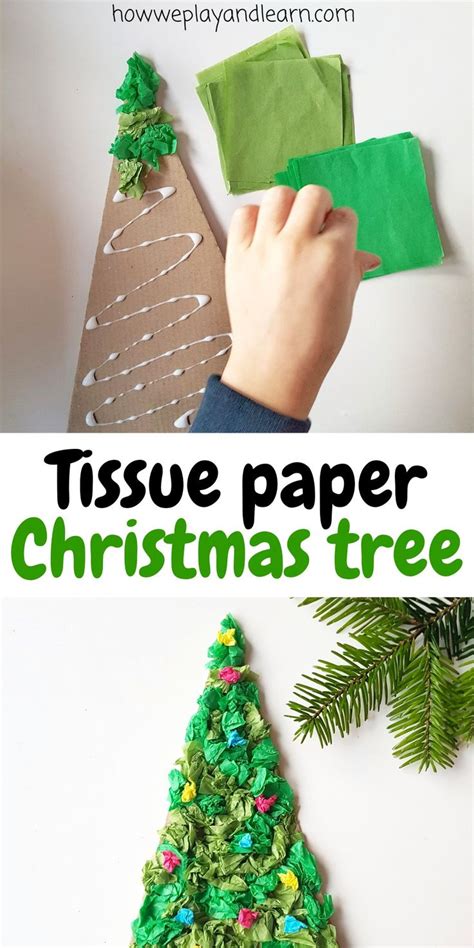 Child Making Tissue Paper Christmas Tree Craft Using Cardboard