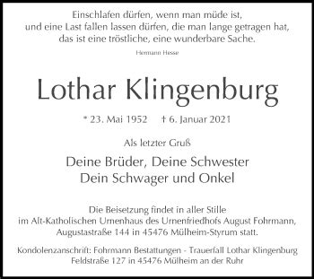 Traueranzeigen Von Lothar Klingenburg Trauer Lokalkompass De My Xxx
