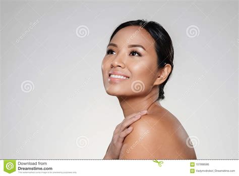 Beauty Portrait Of A Smiling Half Naked Asian Woman Stock Photo Image