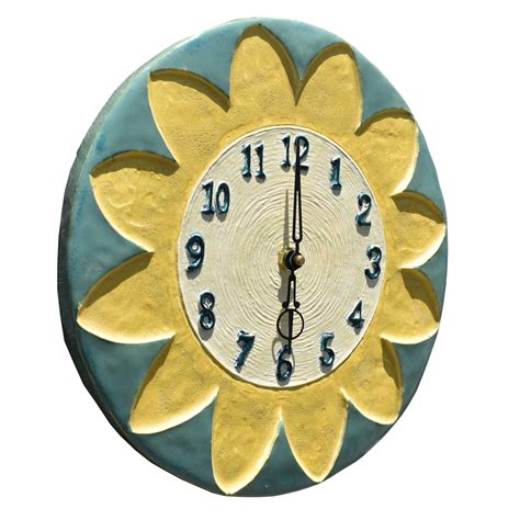 Sun Ceramic Artist Made Sculpted Wall Clock In Teal Gloss Yellow And Cream