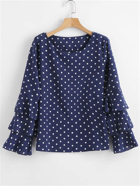 Layered Sleeves Polka Dot Blouse Navy Blue Blouses For Women Vintage