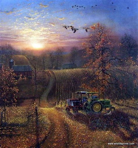 A Painting Of A Farm Scene With A Tractor In The Foreground