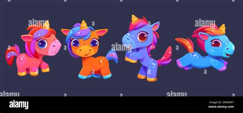 Cute Unicorns Baby Pony Characters In Different Poses Funny Magic
