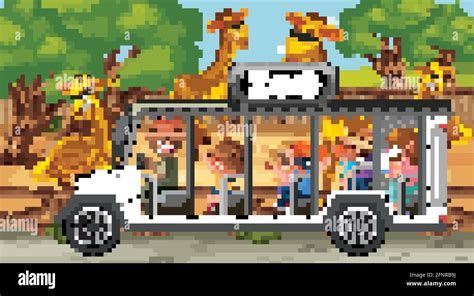 Safari Scene With Many Giraffes And Kids On Tourist Car Illustration