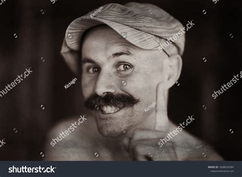 Cheerful Bald Man Mustache Portrait Young Stock Photo 1608026584