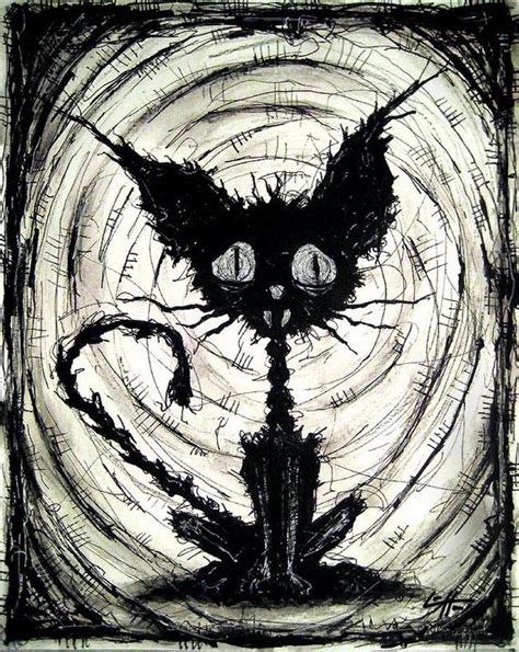 Black Cat 2 Original Drawing Halloween Cats Stray Sad