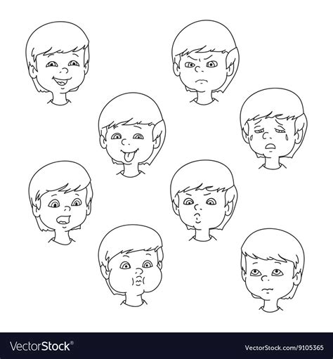 Child Face Emotion Gestures Black And White Set Vector Image