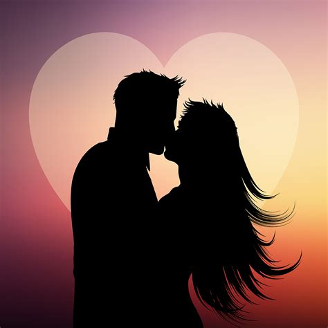 Silhouette Of Couple Kissing On A Heart Background 190609 Vector Art At