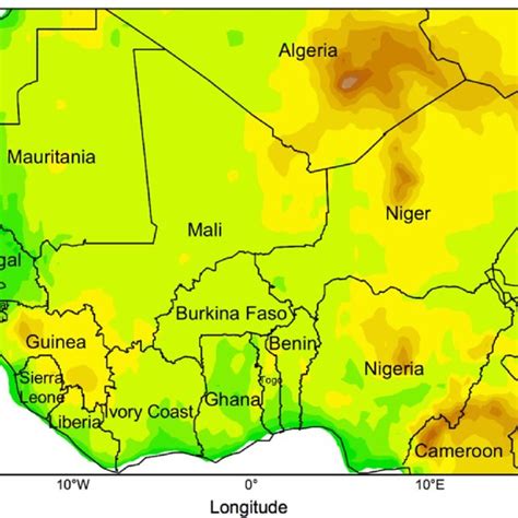 West African Region And Topography In Meters With Dark Brown Areas
