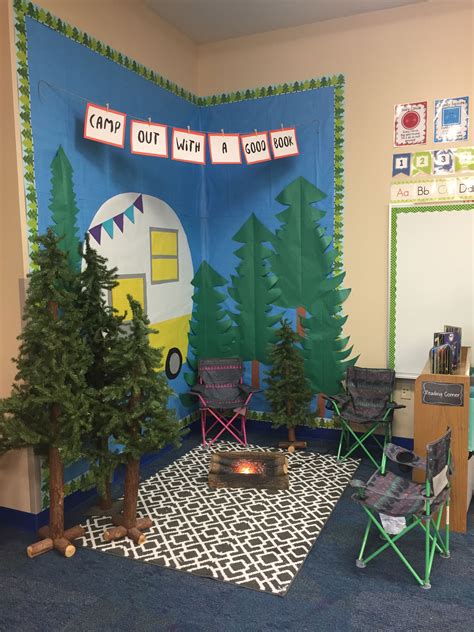 A Classroom Decorated With Camping Theme And Trees