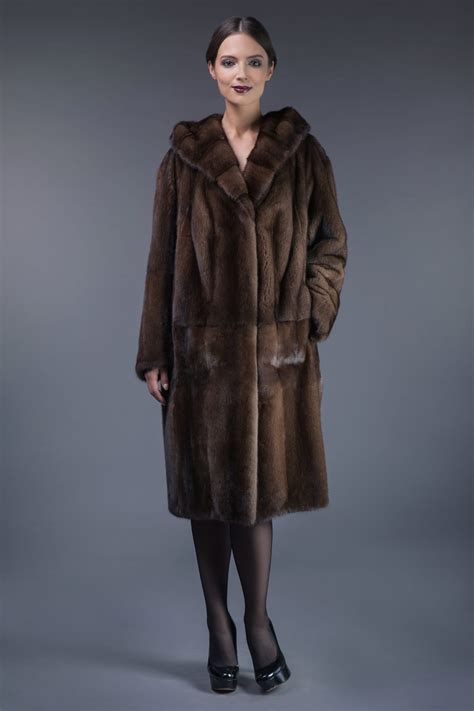 natural brown mink fur hooded coat tied with belt handmade by nordfur