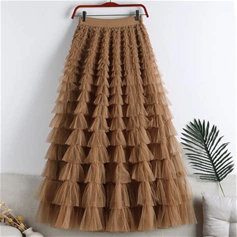 Tulle Maxi Skirts Autumn Women Multi Layer Gauze Stitching Cake Skirts Loose High Waist Long