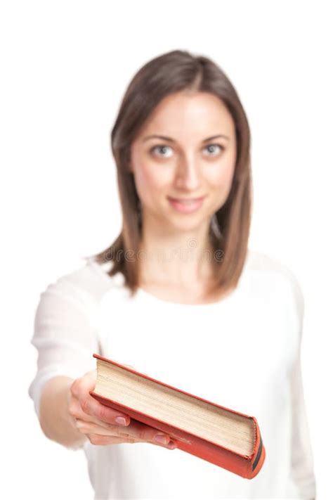 Beautiful Young Woman Handing Out Red Book Stock Image Image Of Cute