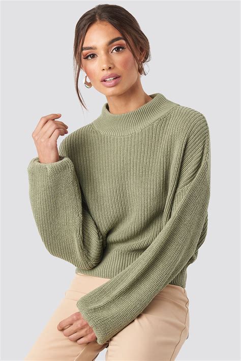 Volume Sleeve High Neck Knitted Sweater Light Khaki Na Kd