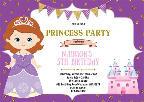 Purple Princess Birthday Party Invitation Template Postermywall