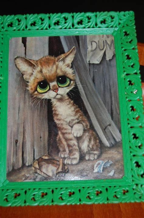 Vintage Art Print Pop Mod Sad Big Eye Kitty Cat Painting