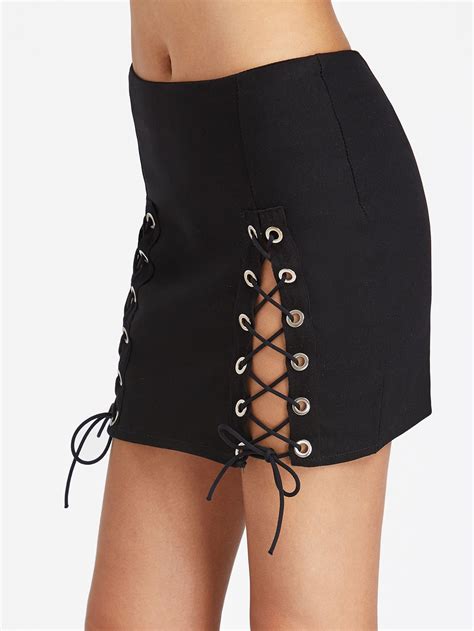double slit lace up mini skirt shein sheinside