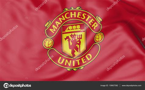 Close Up Of Waving Flag With Manchester United Fc Football Club Logo