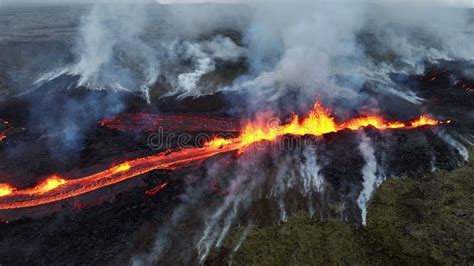 Red Burning Lava Erupts From The Ground In Iceland Volcano Eruption In