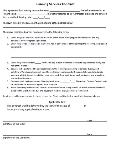 A contract is a legally binding document between at least two parties that defines and governs the rights and duties of the parties to an agreement.1 a contract is legally enforceable because it meets the requirements and approval of the law. Services agreement | Cleaning service, Cleaning contracts ...