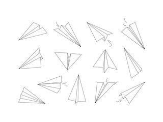 Lineare Papierflieger. Zeichnen von Origami-Flugzeugtransport