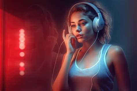 Premium Ai Image A Woman Wearing Headphones Is Looking At A Red Led