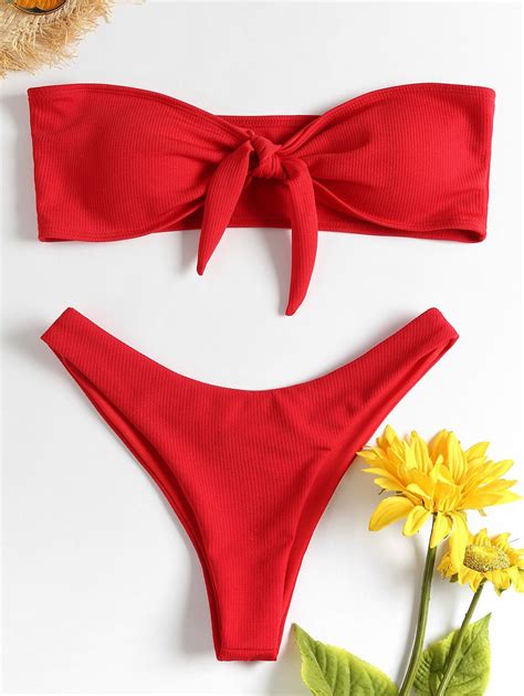 66 Off 2019 Zaful Bowknot Rib Bandeau Bikini Set In Love Red Zaful