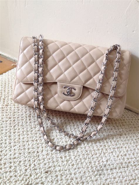 Authentic Chanel Jumbo Beige Caviar 255 Flap Handbag With Silver