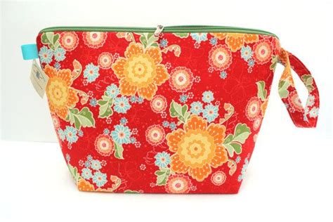 Red Flowers Fabric Jumbo Clutch Zipper Bag By Aneedlerunsthroughit